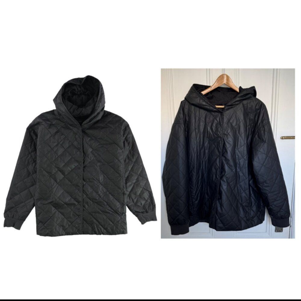 Eileen Fisher Large Puffer Jacket Women's Black Quilted Hooded Snaps 2 Pockets